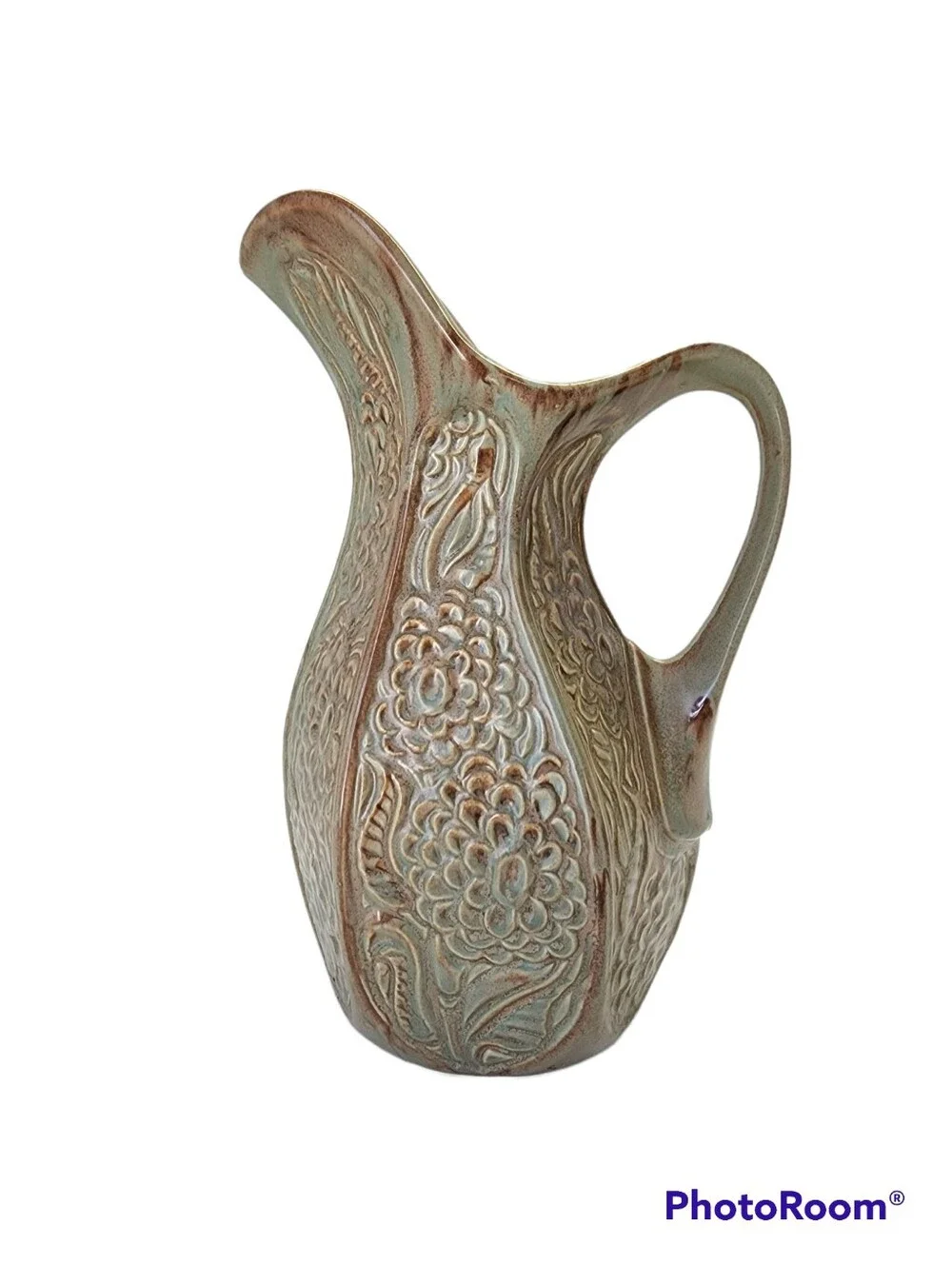 Vintage McCoy 1970s Floral Ceramic Art Pottery Pitcher Vase in Sage Green #618